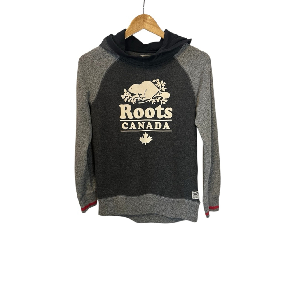 Kids Roots Gray Black Stretch Hooded Sweatshirt XXL
